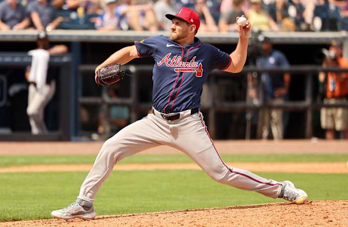 Mar 10, 2024; Tampa, Florida, USA; Atlanta Braves relief pitcher Dylan Lee (52) throws a pitch during the fifth inning against the New York Yankees prior to the game against the Atlanta Braves at George M. Steinbrenner Field.
